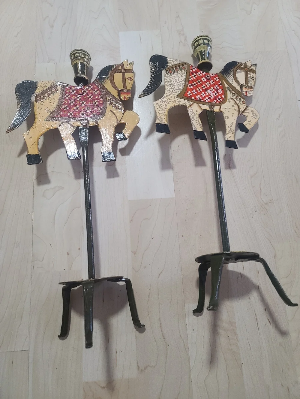 Pier 1 Tall Wrought Iron Hand-Painted Folk Carousel Horse Wall Candle Holders X2